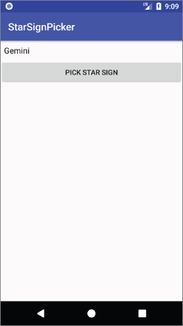 An android phone screen displaying the interface of Star Sign Picker having a star sign “Gemini” being selected with a “PICK STAR SIGN” button.